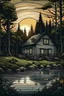 Placeholder: Woodhouse in between the forest. background is a sunrise. River front of house. Tattoo style.