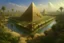 Placeholder: atlantis Egyptian pyramid of giza in the center of a lush maze garden surrounded by a band of water that flows in The four rivers of Eden, in the garden of eden, this garden is a magical oasis surrounded by a vast and golden desert, Hyper Detailed Face, Photorealistic, Intricately Detailed, Oil Painting, Heavy Strokes, By Jean Baptiste Monge, By Karol Bak, By Carne Griffiths, Masterpiece, Unreal Engine 3D; Symbolism, Colourful, Polished, Complex; UH