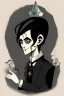 Placeholder: black haired young man necromancer wizard with gothic jewelry in the style of charles addams