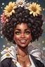 Placeholder: Create a comic book cartoon art style image of a curvy black female looking down with a smile on her face. Prominent makeup with hazel eyes. Highly detailed messy curly bun with a hair scarf tied on her head with large daisy flowers surrounding her. 2k