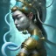 Placeholder: Sango fantasy, fantasy magic, intricate, sharp focus, illustration, highly detailed, digital painting, concept art, matte, art germ and Paul Lewin and Kehinde Wiley, masterpiece Japanese dancer head bronze squid' Asian African girl nice breast Thai hair turquoise silver blue under water