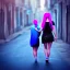 Placeholder: Beautiful lonely girl who walks along a street without people at dawn. You see her from behind. She is very short blue dressed. She has long pink hair with glowing crystals. Full body, 8k resolution concept art. Professional Photo HD. Stylish. Warm vivid colors. Panoramic