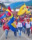 Placeholder: Hombres y mujeres caminando con banderas de Colombia