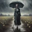 Placeholder: hauntingly visceral matte oil painting of an aristocratic female zombie facing forward, on a muddy path in an empty dandelion meadow in the pouring rain, holding a tattered and torn umbrella. The scene exudes a sinister, profound, dramatic, and fantastical dark dream atmosphere. The composition is dynamic, with complex contrast and a sinisterness that invites both fascination and unease, style by Michael Whelan and Hieronymus Bosch and Goya