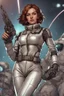 Placeholder: A young space warrior woman with freckles and short brown hair, wearing a silver jumpsuit and holding a pair of energy pistols