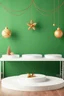 Placeholder: Christmas decoration concept with golden accessory and empty podiums displayed on green background. Scene for advertising with blank space for presentation products. Front view