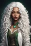 Placeholder: young mulatto sorceress with green eyes and long wavy snow white hair, dressed in epic commoner clothing