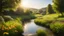 Placeholder: Beautiful realistic rural landscape, warm sunshine, lush plant growth, flowers, human habitation, brook, peaceful, delightful, idyll, award-winning photograph, detail, beautiful composition, attractive colour, chiaroscuro, rule of thirds