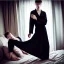 Placeholder: Realistic photo Russian shorthair beautiful 20-years guy boyish boylike wide hips in black girlisy nightgown evil force amulet in hotel