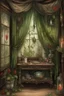 Placeholder: english watercolor, witch's boudoir, mirror, curtains, cobweb, filigree, dried flowers, textiles, candle, magical lighting effect, fairy tale illustration, fine drawing of details with colored pencils, grunge, high resolution, high detail, dark fantasy, dark botanical, beautiful, ISO 100, pixel graphics, hdr, emerald colors, beige, red, deep blue, umbra, grey, dusty rose, gold