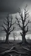 Placeholder: Cinematic dead trees, dead earth, gray tones, eerie atmosphere