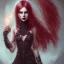 Placeholder: evil satanic girl, full body, smiling, crimson flaming hair, glowing veins, bloody dark cave background,