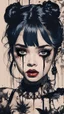 Placeholder: Poster in two gradually, a one side malevolent goth vampire girl face and other side the Singer Melanie Martinez face, full body, painting by Yoji Shinkawa, darkblue and sepia tones,