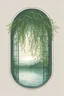 Placeholder: Simple Logo of a pretty willow tree with long green flowing hanging branches outside a window. The window is square with a grid and arch on top, emphasize the window and arch, serene tranquil background with a body of water.