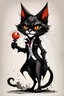 Placeholder: create a wild full body caricature of a dark sorceress female vampire cat, highly detailed with refined feline features in the caricature style of Gerald Scarfe and Ralph Steadman, precisely drawn, boldly inked, vividly colored, 4k