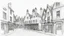 Placeholder: Ground-level black-and-white outline sketch of Diagon Alley, houses, and shops, with tall, crooked roofs and chimneys