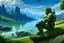 Placeholder: master chief sitting on a hill in the background and a river with spaceships