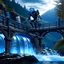 Placeholder: ninja robot doing bike stunt on bridge over waterfall, 8k, down-light, soft light, depth of field, photo realism, trending on art station, high detail