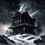 Placeholder: Hyper Realistic black abandoned dark haunted house on the top of a mountain at heavy snowfall night with tornado behind