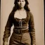 Placeholder: sepia close-up of beautiful female mexican outlaw wearing gunbelt holster on waist and bandolier on chest, long black wavy hair, beautiful face, 1800s, 8k, high-quality, ultra-fine detail, 1800s wild west