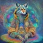 Placeholder: celestial psychedelic wolf made of fractals wearing a mexican jacket sitting on. giat mushroom in between stars