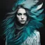 Placeholder: image of a girl, in the style of gossamer fabrics, liquid emulsion printing, dark cyan and dark black, trompe-l'œil illusionistic detail, wetcore, norwegian nature, fine feather and hair details