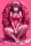 Placeholder: Anime girl crushed inside really darkred fleshy stomach filled with digestive juices, sit pose, fullbody, serius, tears, Junji Ito style, pink tones, pastel tetradic colors, 3D vector art, isometric style, retro aesthetic,