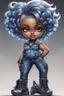 Placeholder: create an airbrush illustration of a chibi cartoon voluptuous black female wearing a blue jean outfit with biker boots. Prominent make up with hazel eyes. Extremely highly detail of a very low platinum blonde pixie haircut. Background of a bike show.