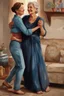 Placeholder: heartwarming cinematic illustration of a loving bond between a daughter and her elderly mother. The daughter, dressed casually in jeans and a blouse, has her arm wrapped around her mother's waist, while the mother, adorned in a bright, flowing gown, gracefully guides her through the dance. Their faces are a picture of joy, with the mother's radiant smile and the daughter's beaming eyes reflecting the love they share. The cozy living room, adorned with cherished family photos and decorations, cre