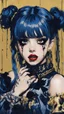 Placeholder: Poster in two gradually, a one side malevolent goth vampire girl face and other side the Singer Melanie Martinez face, full body, painting by Yoji Shinkawa, darkblue and gold tones,