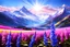 Placeholder: blue, pink, or gold light effects colors, magic fields with delphinium flowers around, blue, pink, and white mountains in the background, clear sunny light, highly detailed, high contrast, 8k, high definition, realistic, concept art, sharp focus