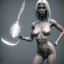 Placeholder: in the style of Vladimir Petkovic, full body portrait of woman in the style of unreal engine, 3d sculpted, mdjrny-v4 style, highest quality render, cinema 4d, zbrush, flowing hair, perfect face, holding bloody knife, fighting stance, wearing torn bikini and military boots with perfect legs, a beautiful full frame portrait digital painting of futuristic cyberpunk city lighting,