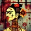 Placeholder: an abstract painting of rusted metal and flowers, Geisha portrait, rust, scaffolding, iron cladding, decay, mixed media, textured, anatomically correct, beautiful perfect face, sharp focus, highly detailed by Frida Kahlo 8k