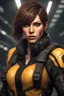 Placeholder: 12k wallpaper of Arina- 34 years old woman, mercenery, fierce and stunning, Bobcut brown hair, athletic, wearing black tactical clothes in sci-fi world - HDR quality - trending in artstation, ultra realistic, highly detailed neck, highly detailed face