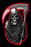 Placeholder: Grim-Reaper gripping scythe, vignette, black and white graphic novel style with a red outline, and black background, biker style