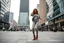 Placeholder: modern city a wide cross square a beautiful lady in nice pants and shirt pretty boots hip hop dancing city scape in background