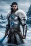 Placeholder: 1 man. warrior, with blue eyes and black hair man in silver Viking armor with fur around the neck with blue crystal on his chest, standing in water in the artic, holding a ice axe, warrior in anime style,