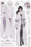 Placeholder: A dnd character sheet. A woman dressed for the cold north, with black hair and lilac eyes. She is dressed in white and black furs.