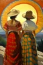 Placeholder: 2 mexican woman painting neoclassism standing from the back whole body zoom out looking at the sun