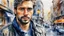 Placeholder: watercolor, portrait of a man in the city, impressionism, alcohol oil painting depicting a city, 32k resolution, hyper-detailed, fine details, fine rendering, airbrush strokes, 8k resolution concept art, hyper-detailed, complex detail