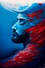 Placeholder: A person drowned in the seas with calm waves and Arabic poetry, Arabic letters, shades of red and blue, calm colors,