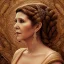 Placeholder: hyperspace background, complete and photo realistic detailed head to waist stunning photo realistic portrait of carrie fisher as Princess Leia in star wars with photo realistic updo hair by Mandy Jurgens and mucha and Richard Schmid and chuck close and chie yoshii, extraordinary and detailed ceremony dress of star wars,brown eyes