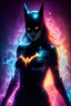 Placeholder: Ultra detailed illustration of the dark silhouette of a Batwoman, phantasmagorical figure, (((translucent skin:1.5))), (((translucent body:1.5))), art by Mschiffer, neon lights, light particles, colorful, cmyk colors, strong backlit, back lights