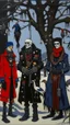 Placeholder: An oil painting by Matisse and Jakuchu of a human-like family of crows adorned in a punk leather jacket within a snowy Christmas atmosphere.