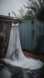 Placeholder: A wet washed wedding dress hanging on a rob in the backyard drying cloths rob , in a stormy foggy sky in the background