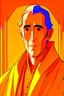 Placeholder: A portrait of Christopher Lee in his thirties as an elf mage, dressed in an expensive orange medieval shirt, in the style of Genndy Tartakovsky