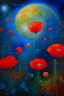 Placeholder: "Capture the essence of a celestial garden, where otherworldly flowers bloom under cosmic skies, in a mesmerizing oil painting. Larger more bright orange red moon