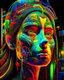 Placeholder: high quality vibrant neons colorful illustration of a front complex woman face head mixed with a chemical plant (detailed eyes, nose, mouth , neck), surreal, visible brain, made of recycled colored objects all around and inside of head, dark industrial interior background , 4k, HDR, UHD, all in focus, clean, no grain, concept art