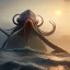 Placeholder: franz frazetta style, kraken on the sea, sunrise, open seas