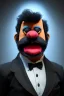 Placeholder: Waist up muppet Portrait, Nicolas maduro as muppet doll, black mustache and hair, black suit, photo studio, blue background, unreal engine 5, concept art, art station, god lights, ray tracing, RTX, lumen lighting, ultra detail, volumetric lighting, 3d.